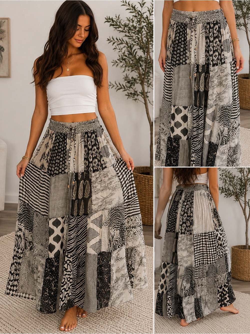 Bohemian Patchwork Pants - Black & Cream